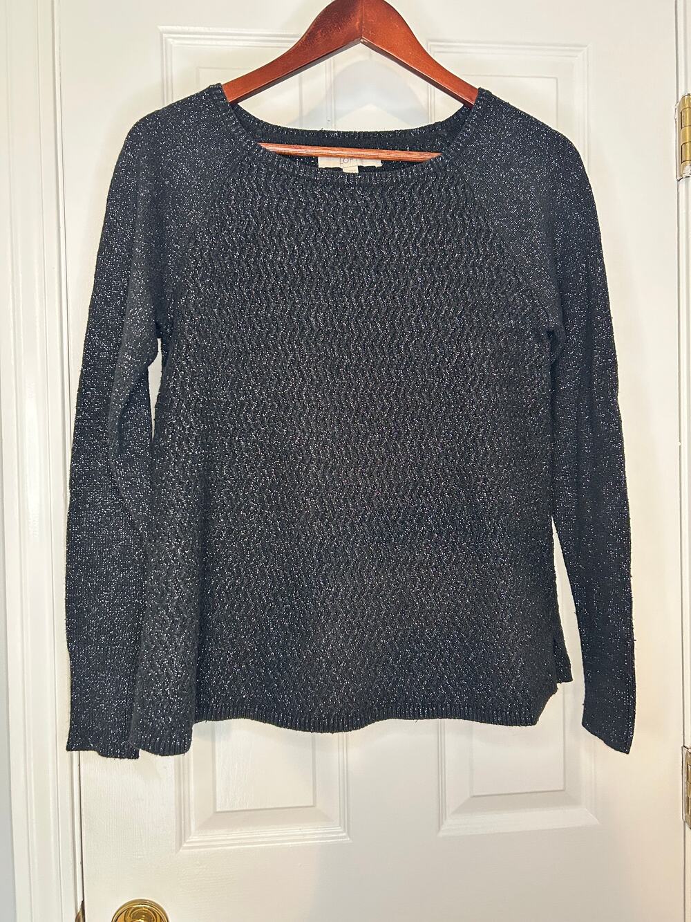 LOFT Womens Black Metallic Textured Knit Pullover Sweater Size M Wool Blend